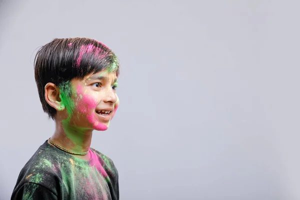 Indian Little Boy Playing Color Giving Multiple Expressions Holi Festival — Stock Photo, Image