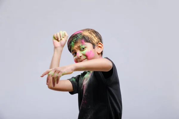 Indian Little Boy Playing Color Giving Multiple Expressions Holi Festival —  Fotos de Stock