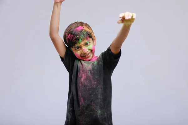 Indian Little Boy Playing Color Giving Multiple Expressions Holi Festival —  Fotos de Stock