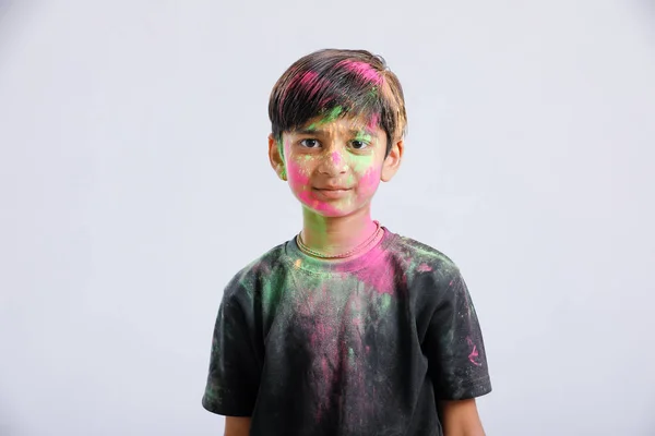 Indian Little Boy Playing Color Giving Multiple Expressions Holi Festival — Stock fotografie