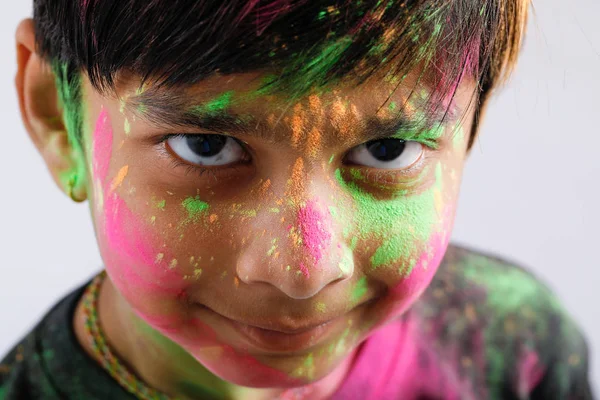 Indian Little Boy Playing Color Giving Multiple Expressions Holi Festival — Stock Photo, Image