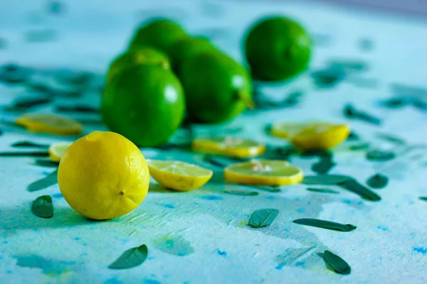 Fresh Yellow Green Lemon Blue Background — Stock Photo, Image