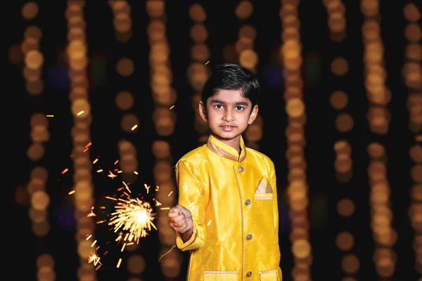 Cute Indian Child Celebrating Diwali Festival Cracker Sparkle — 图库照片