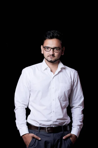 Young Indian Man Standing Isolated Black Background — Stock Photo, Image