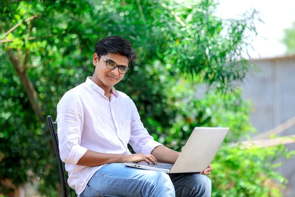 Young Indian Man Using Laptop Working Laptop — 스톡 사진