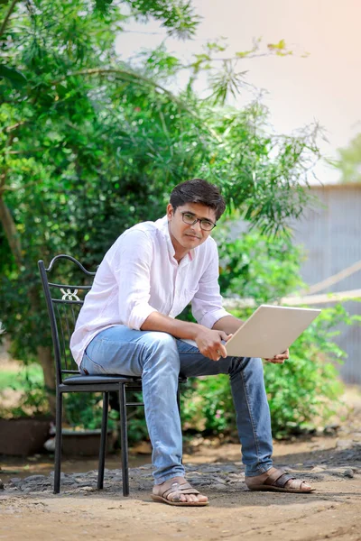 Young Indian Man Using Laptop Working Laptop — 스톡 사진