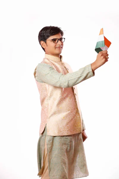 Νέος Ινδική Άνθρωπος Που Κρατά Την Ινδική Σημαία — Φωτογραφία Αρχείου