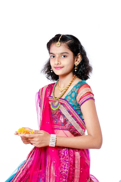 Indian Girl Celebrating Diwali Festival — Stockfoto