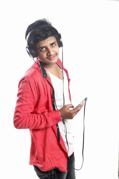 Indian Asian Boy Listening Music Headphones — Stock Photo, Image