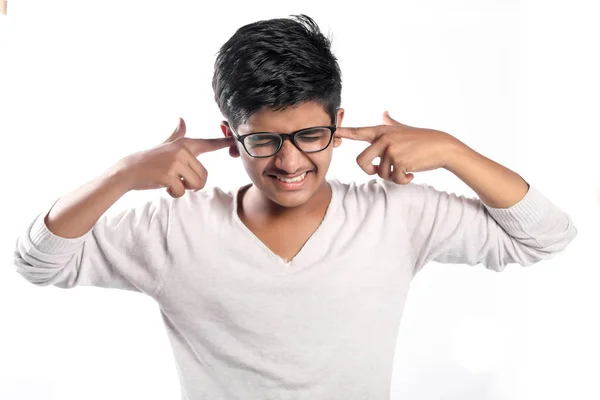 Unhappy Indian Asian Boy Suffering Head Ache Isolated White Background — ストック写真