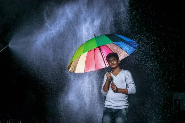 Indian Boy Holding Umbrella Hand — Stock Photo, Image