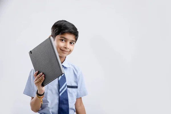 Cute Little Indian Asian School Boy Note Book Isolated White — Stok Foto