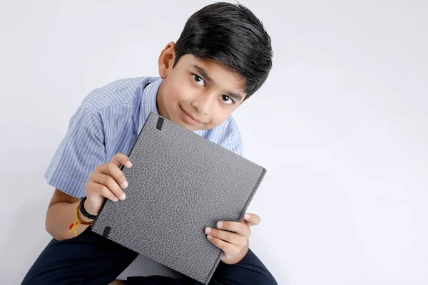 Cute Little Indian Asian School Boy Showing Note Book White — Foto de Stock
