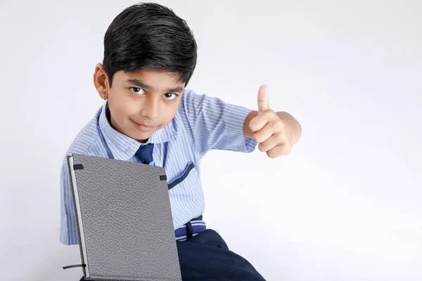 Cute Little Indian Asian School Boy Showing Note Book White — Foto de Stock