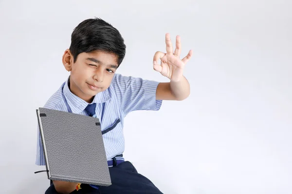 Cute Little Indian Asian School Boy Showing Note Book White — 스톡 사진