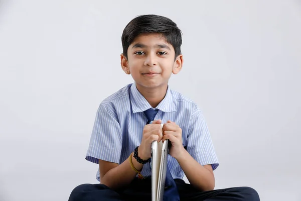 Cute Little Indian Asian School Boy Note Book Isolated White — Photo