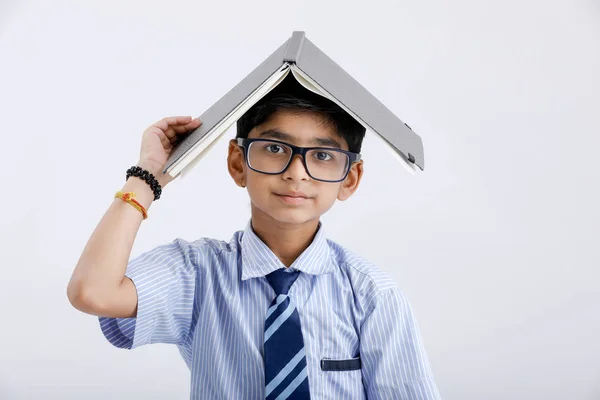 Cute Little Indian Asian School Boy Wearing Spectacles Book Head — Stock fotografie