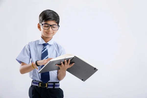 Cute Little Indian Asian School Boy Spectacles Reading Book White — Φωτογραφία Αρχείου