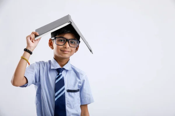 Cute Little Indian Asian School Boy Wearing Spectacles Book Head — Stok Foto