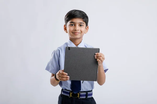 Cute Little Indian Asian School Boy Showing Note Book White — Photo