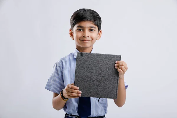 Cute Little Indian Asian School Boy Showing Note Book White — Fotografia de Stock