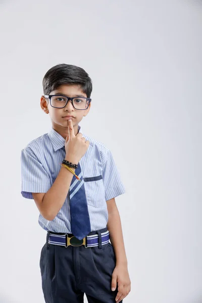Cute Little Indian School Boy Asking Posing Keep Silence Standing — Fotografia de Stock