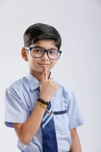 Cute Little Indian School Boy Asking Posing Keep Silence Standing — ストック写真