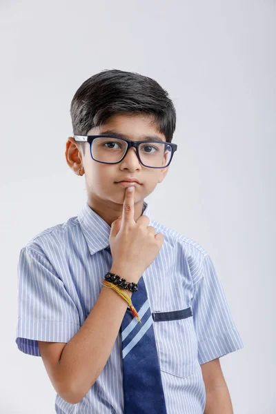 Cute Little Indian School Boy Asking Posing Keep Silence Standing — Zdjęcie stockowe