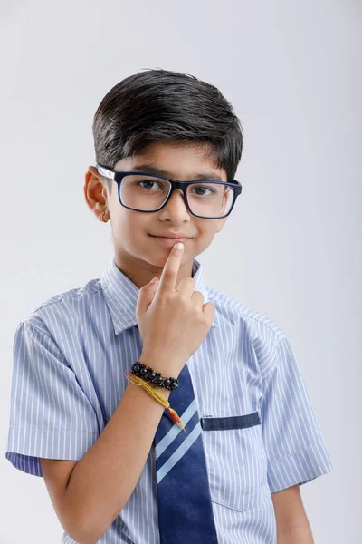 Cute Little Indian School Boy Asking Posing Keep Silence Standing — Zdjęcie stockowe