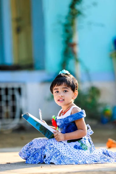 Indian Little Girl Child Writing Note Book Studying — стоковое фото