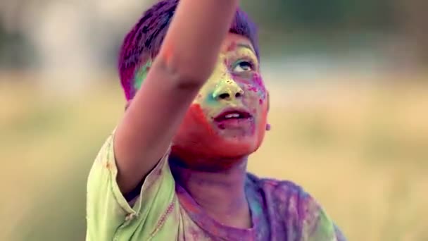 Indian Child Playing Color Holi Festival — Stock Video