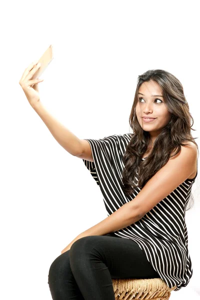 Indian Young Girl Taking Selfie Smartphone — Stok fotoğraf