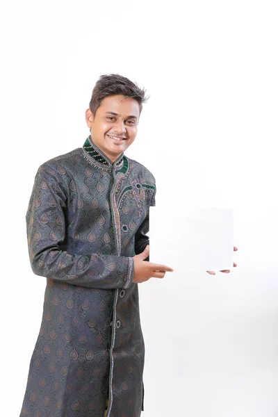Young Indian Man Holding Blank Poster Hand — Φωτογραφία Αρχείου