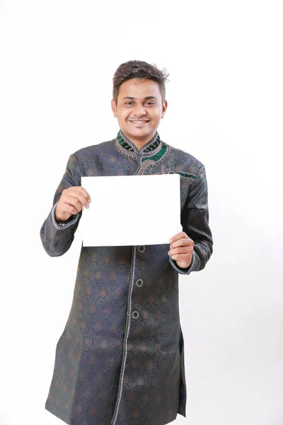 Young Indian Man Holding Blank Poster Hand — Φωτογραφία Αρχείου