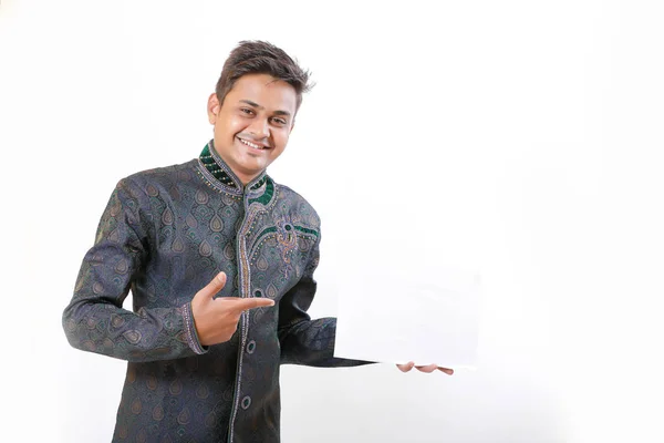 Young Indian Man Holding Blank Poster Hand — Foto de Stock