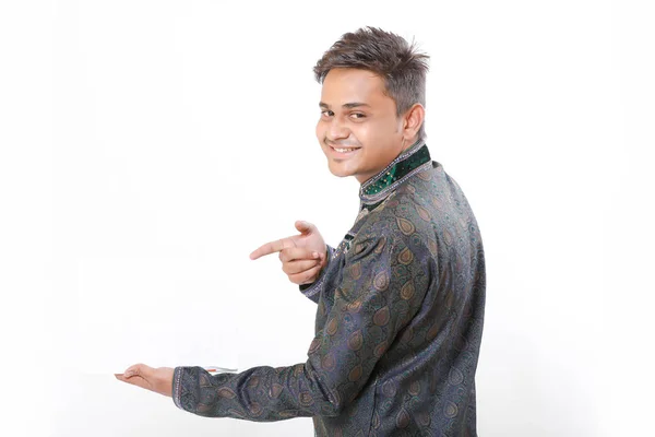 Young Indian Man Holding Blank Poster Hand — Φωτογραφία Αρχείου