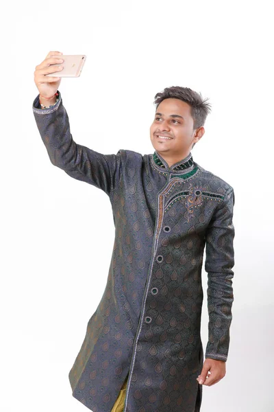 Young Indian Man Taking Selfie Mobile — Stok Foto