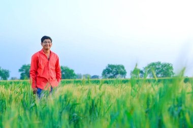 young  indian farmer at wheat field