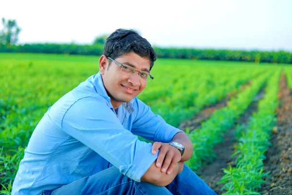 Young Indian Farmer Wheat Field — Stock Photo, Image