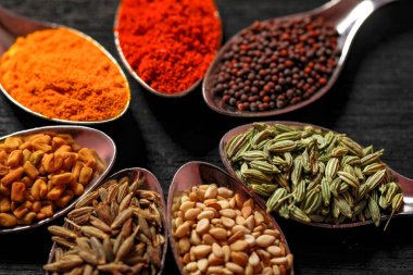 Siyah arka plan üzerine kaşık içinde baharatlar