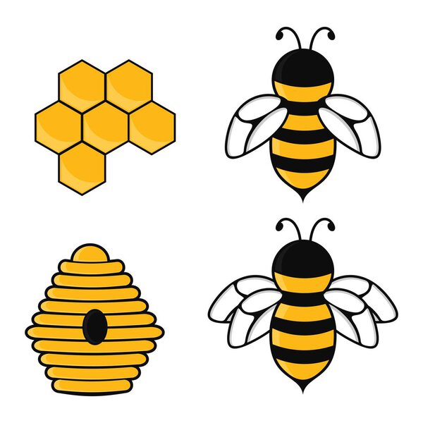 Bee icon set. Colored honey. Bees, honeycombs, beehive. Vector illustration