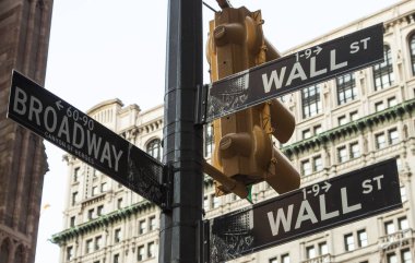 ABD - New York city - Street Wall street ve Broadway kavşak üzerinde işaretler