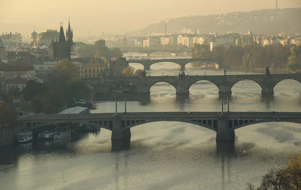 Çek Cumhuriyeti - Prag - Sisli şafakta Vltava üzerindeki köprüler