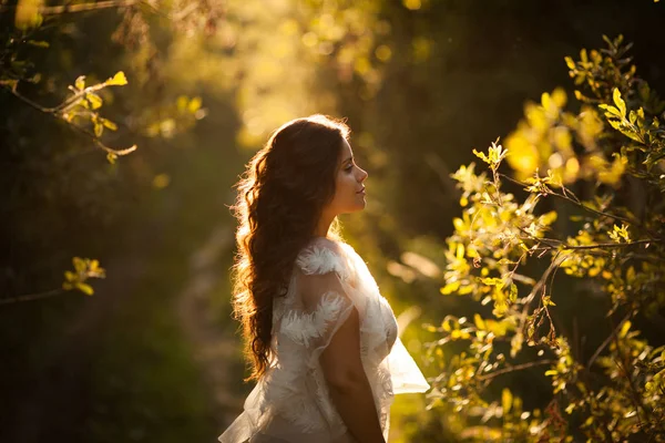 Piękna Kobieta Ogrodzie Zachodzie Słońca — Zdjęcie stockowe