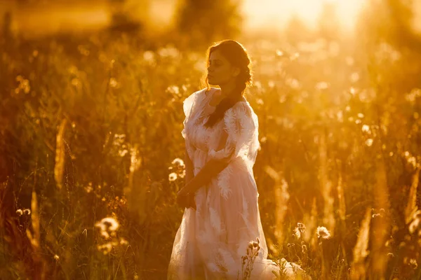 Çayırda Günbatımında Yürüyen Güzel Kadın — Stok fotoğraf