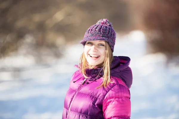 Beautiful Happy Young Woman Knitted Hat — Stock Photo, Image