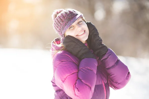 Portrait Young Happy Woman Knitted Hat — Stock Photo, Image