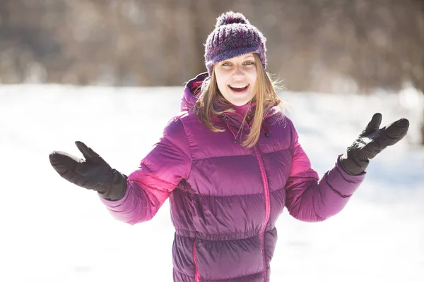 Cheerful Young Woman Black Mittens Winter — Stock Photo, Image