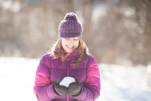 Happy Young Woman Holding Snow Hands — Stock Photo, Image