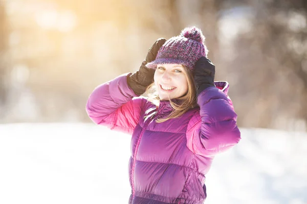 Cheerful Girl Knitted Hat Burgundy Jacket Mittens — Stock Photo, Image